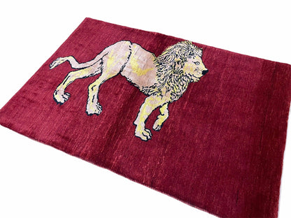 Handmade Wool Rug 3x5 Hand Knotted Lion Design With Veggy Dyes New Vintage