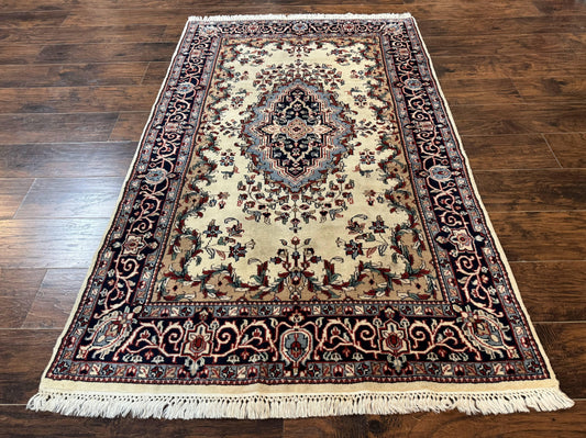 Kashmiri Rug 4x6 Handmade Wool Ivory Beige Navy Blue Indo Persian Traditional