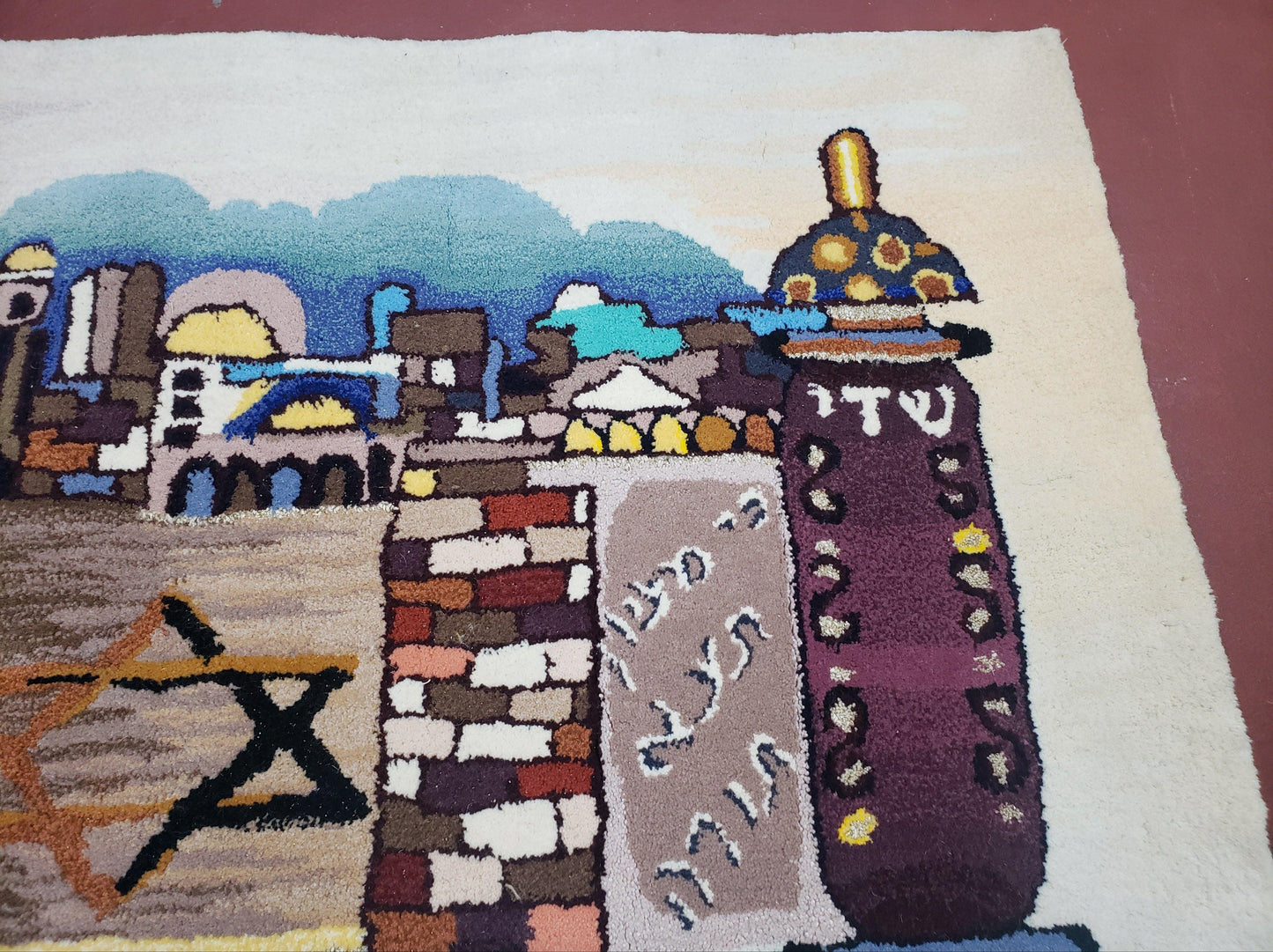 Vintage Judaica Pictorial Rug 3x5, Wool Hand-Tufted Israeli Signed Rug, Jerusalem Rug, Star of David Torah Scroll Verses, Chanuka Gift