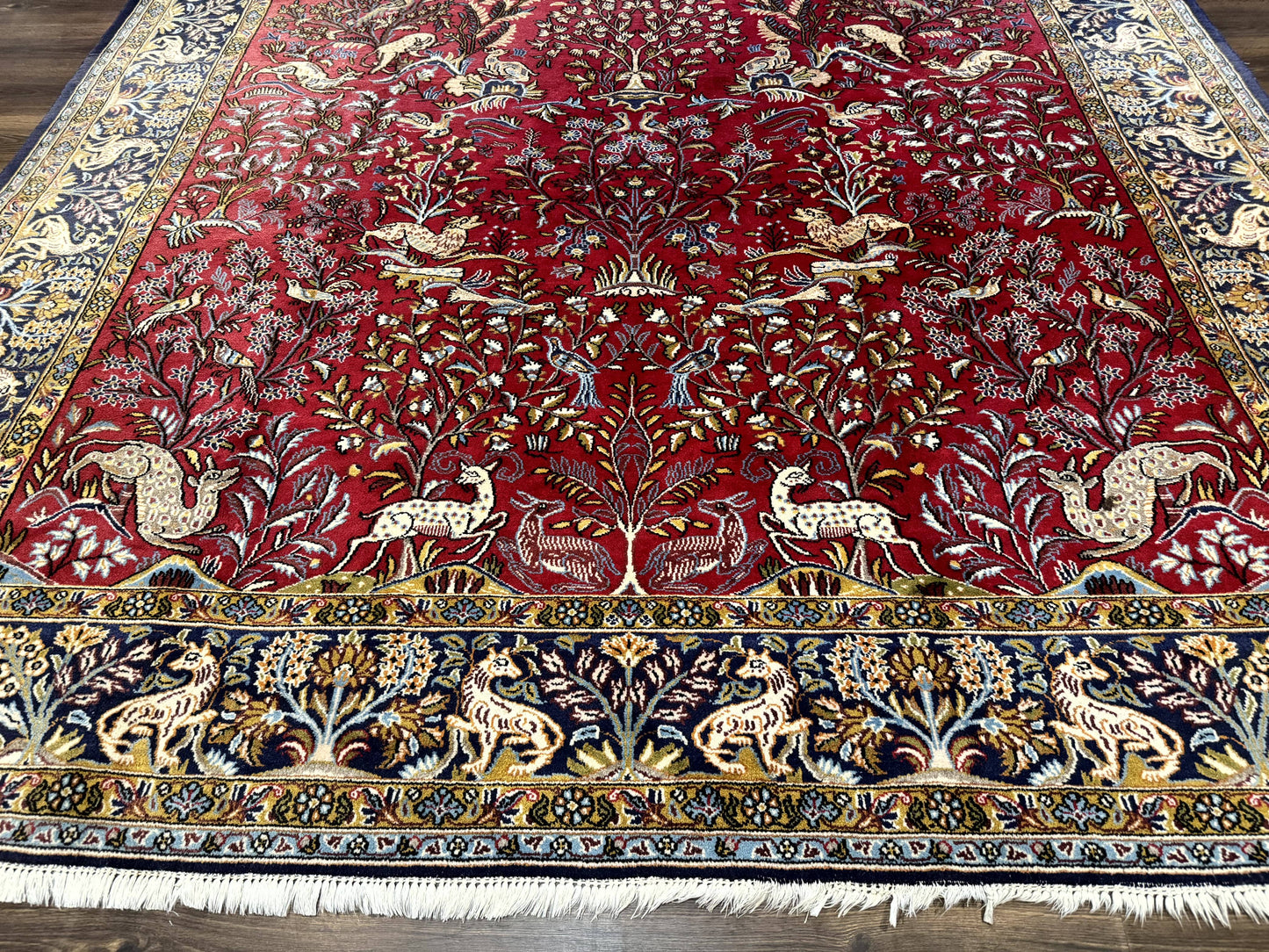 Persian Qum Rug 9x12 Tree of Life Pictorial With Deer Birds Floral In Red And Navy