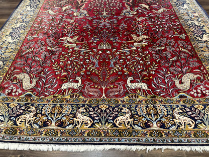Persian Qum Rug 9x12 Tree of Life Pictorial With Deer Birds Floral In Red And Navy