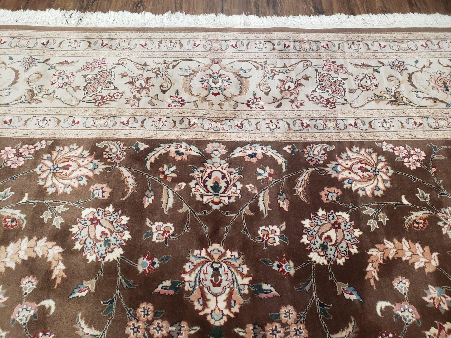 Pak-Persian Vintage Wool Rug 9x12 Hand-Knotted Spice Brown Ivory Traditional Oriental Carpet