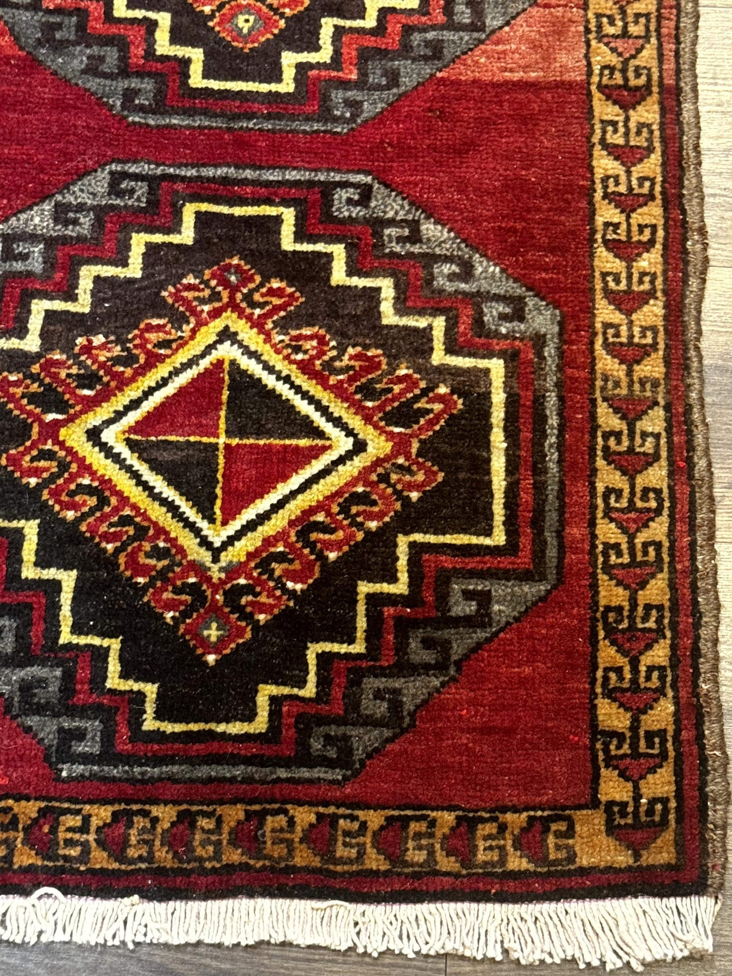 Turkish Yastik Rug 2x3 Antique Red Wool With Double Medallions Geometric Design