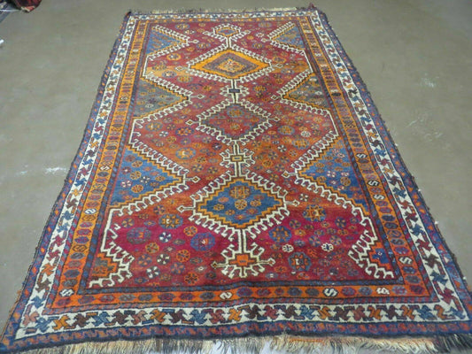 Turkish Wool Rug Antique Handmade Tribal Design 4x7 Feet Vegetable Dyed 1950s