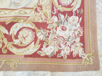 Aubusson Rug 6x9 Flatweave Wool Hand Woven Cream And Red