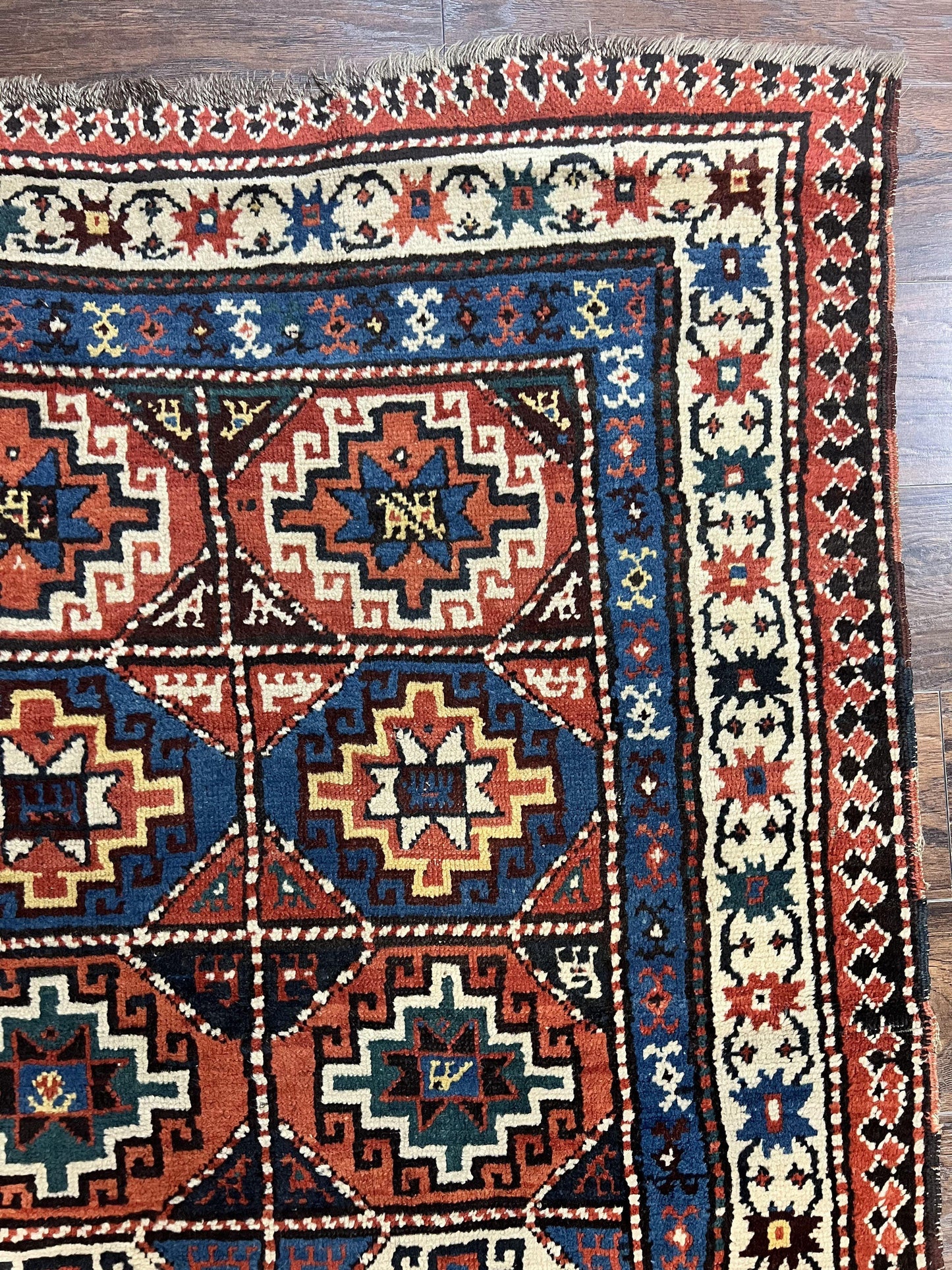 Antique Caucasian Kazak Runner Rug 4 x 9.5, Handmade Wool Rug for Hallway, Rare Colorful Panel Design Mid 19th Century 1870s Oriental Carpet