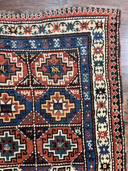 Antique Caucasian Kazak Runner Rug 4 x 9.5, Handmade Wool Rug for Hallway, Rare Colorful Panel Design Mid 19th Century 1870s Oriental Carpet