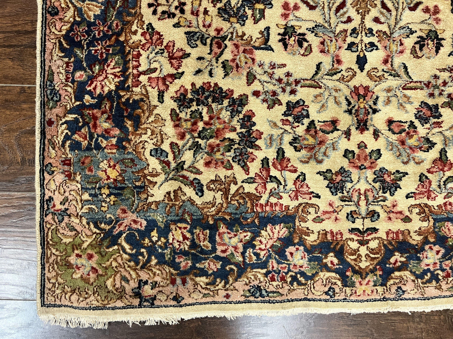 Antique Persian Kirman Rug 4x7 Hand Knotted Wool Floral Carpet Cream And Navy