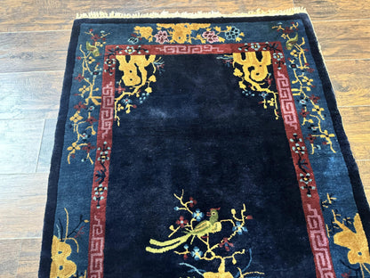 Antique Peking Rug 3x6 Handmade Wool Bird Motif Blue Chinese Legacy Carpet