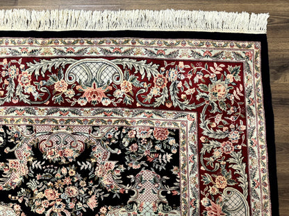 Sino Persian Rug 9x12 Black Floral Bouquets Vintage Hand Knotted Wool Silk