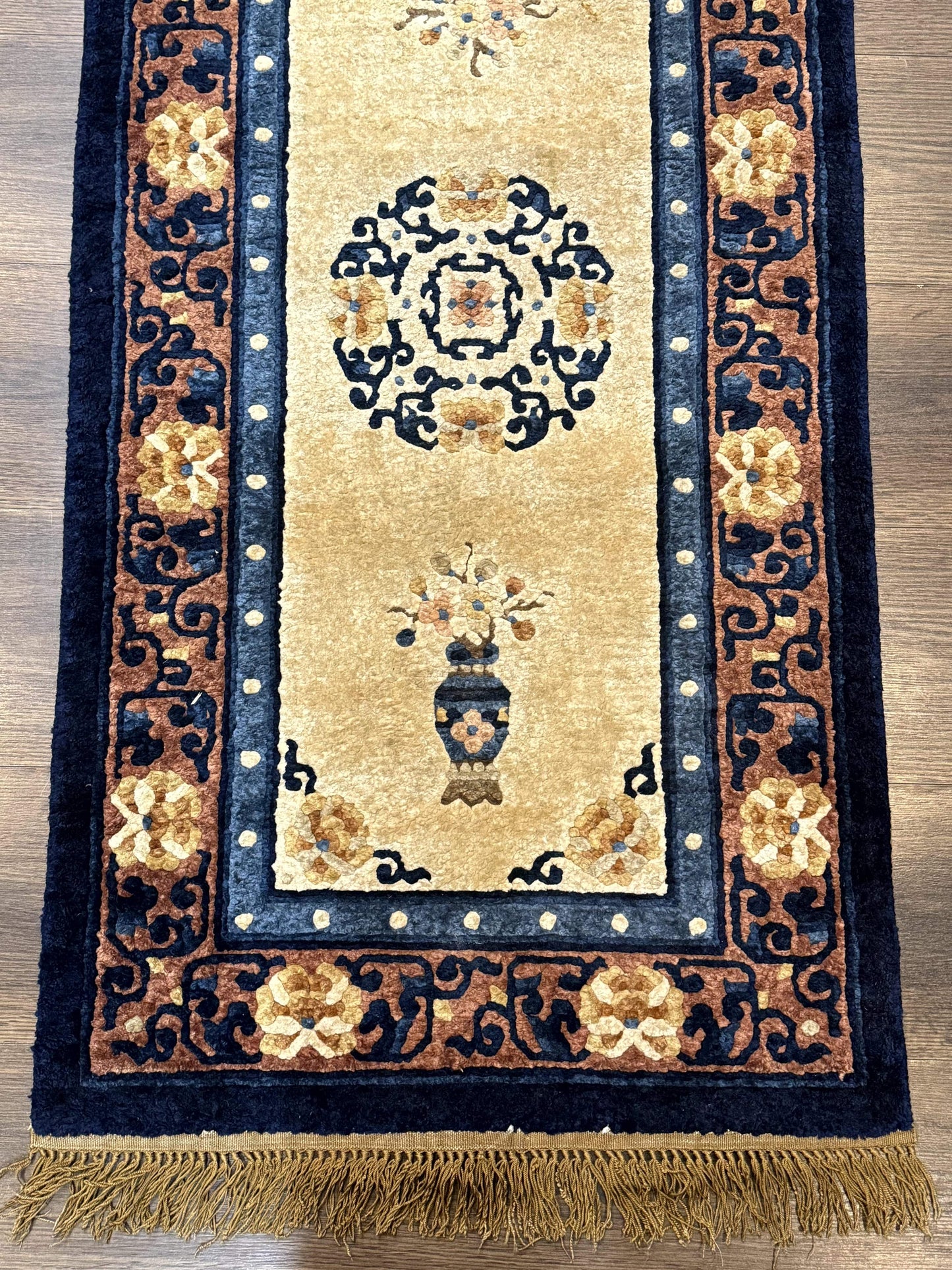 Silk Chinese Rug 2x4 Hand Knotted Peking Carpet In Golden Beige And Blue