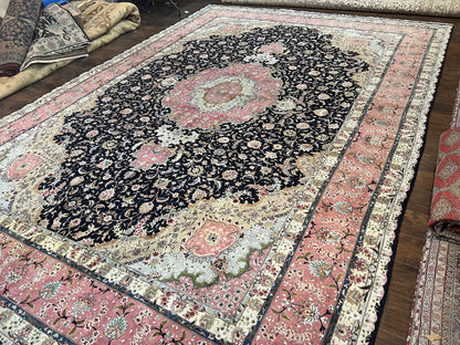 Persian Tabriz Rug 11x16 Hand Knotted Wool On Silk Floral Medallion Black Pink