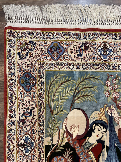 Persian Pictorial Rug Five By Four Feet Isfahan Kork Wool On Silk Foundation Master Weaver Signature Birds And Drums