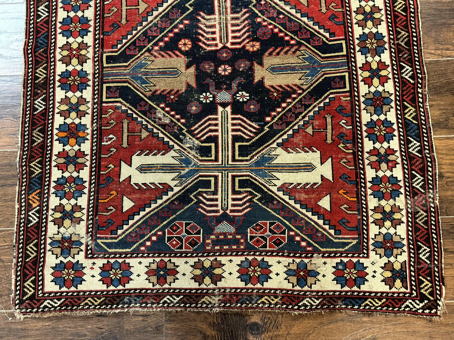 Antique Shirvan Caucasian Rug 3x5 Geometric Wool Hand Knotted Red Navy Beige