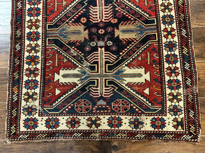Antique Shirvan Caucasian Rug 3x5 Geometric Wool Hand Knotted Red Navy Beige