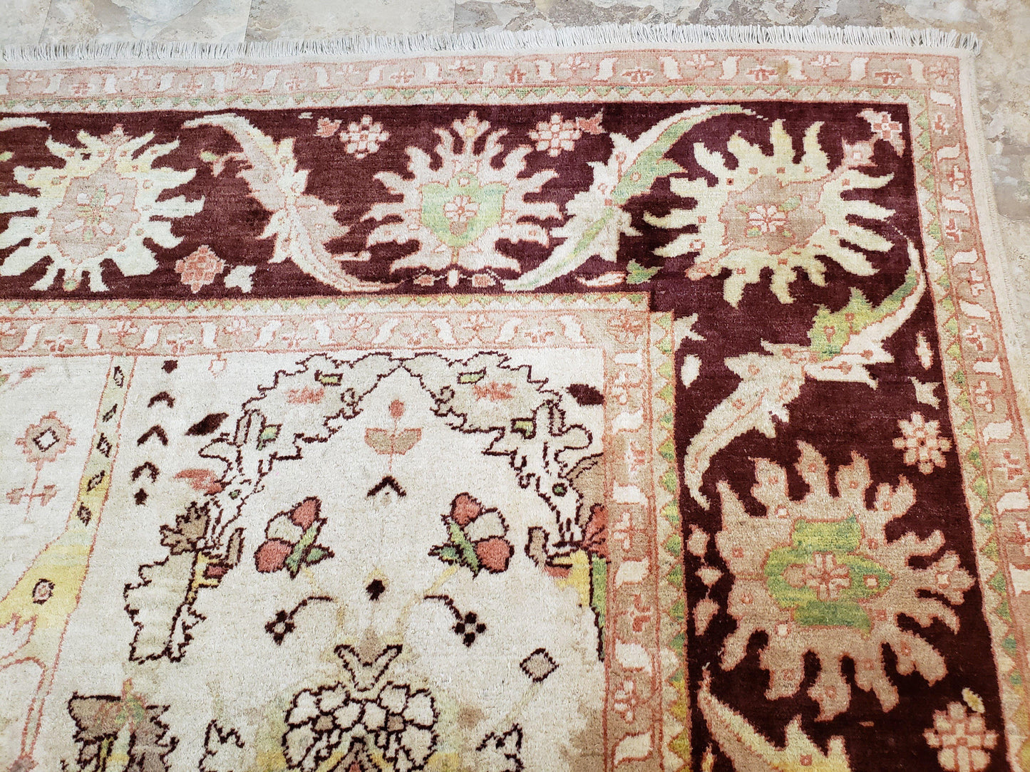 Beige and Maroon Peshawar Rug 10x15, Large Oushak Carpet, Pakistani Rug, Handmade Area Rug, Hand Knotted Rug, Living Room Rug, Nice Wool Rug