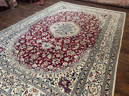 Persian Nain Rug 8x11 Wool Silk Highlights Burgundy Ivory Floral Medallion