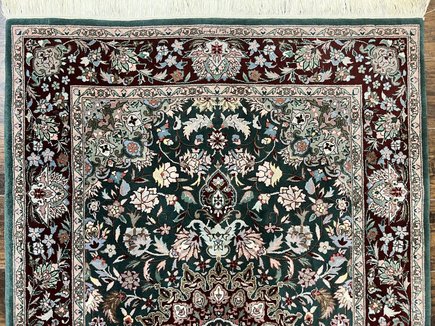 Pak Persian Rug 4x6, Wool Hand Knotted Vintage Carpet, Dark Green, Floral Medallion, Fine Oriental Rug