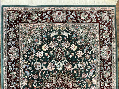 Pak Persian Rug 4x6, Wool Hand Knotted Vintage Carpet, Dark Green, Floral Medallion, Fine Oriental Rug