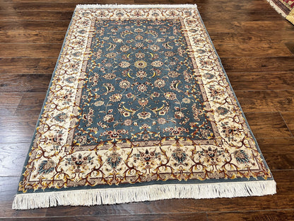 Sino Persian Rug 4x6, Very Fine Oriental Carpet, Handmade Rug 4 x 6, Floral Allover Vintage Traditional Wool & Silk Highlights, 200 KPSI