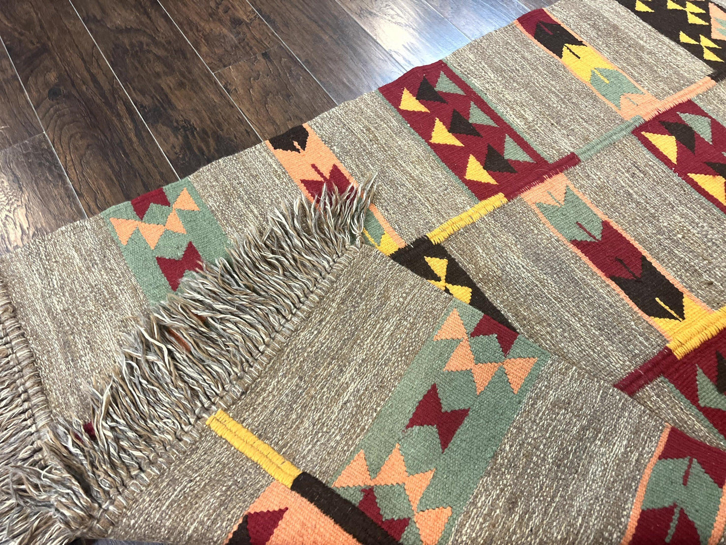 South American Flatweave Rug, Gray, Handmade Vintage Wool Bohemian Blanket
