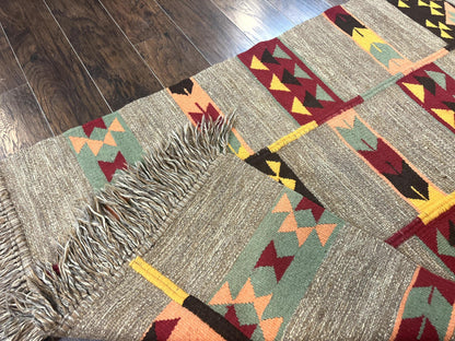 South American Flatweave Rug, Gray, Handmade Vintage Wool Bohemian Blanket