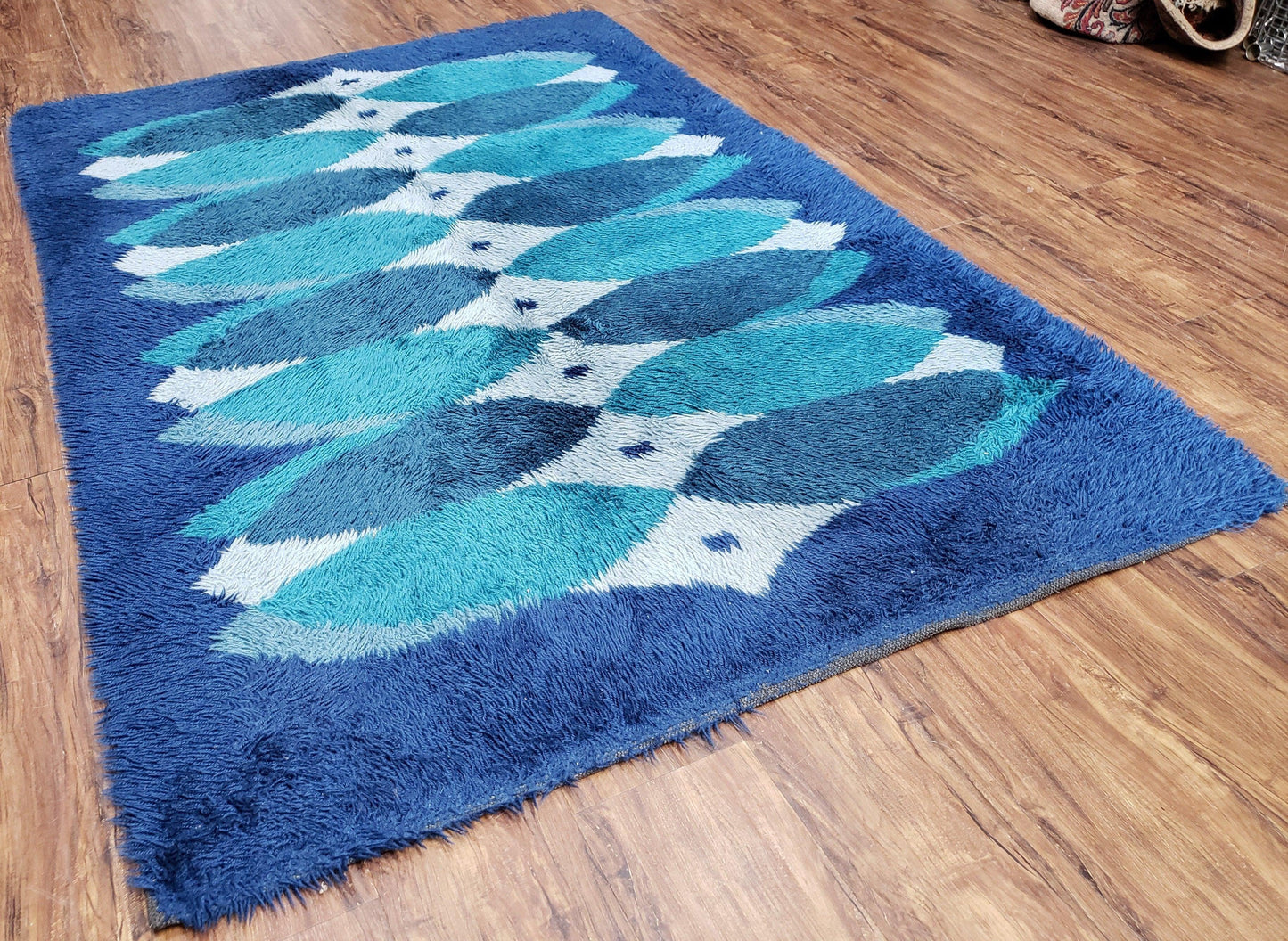 Blue Rya Rug Mid Century Danish Shag Wool Abstract Modern Rug 4 Foot 6 Inch By 6 Foot 7 Inch