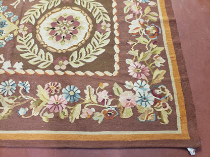 Aubusson Rug 6x9 Handmade Wool Flat Weave With Floral European Design