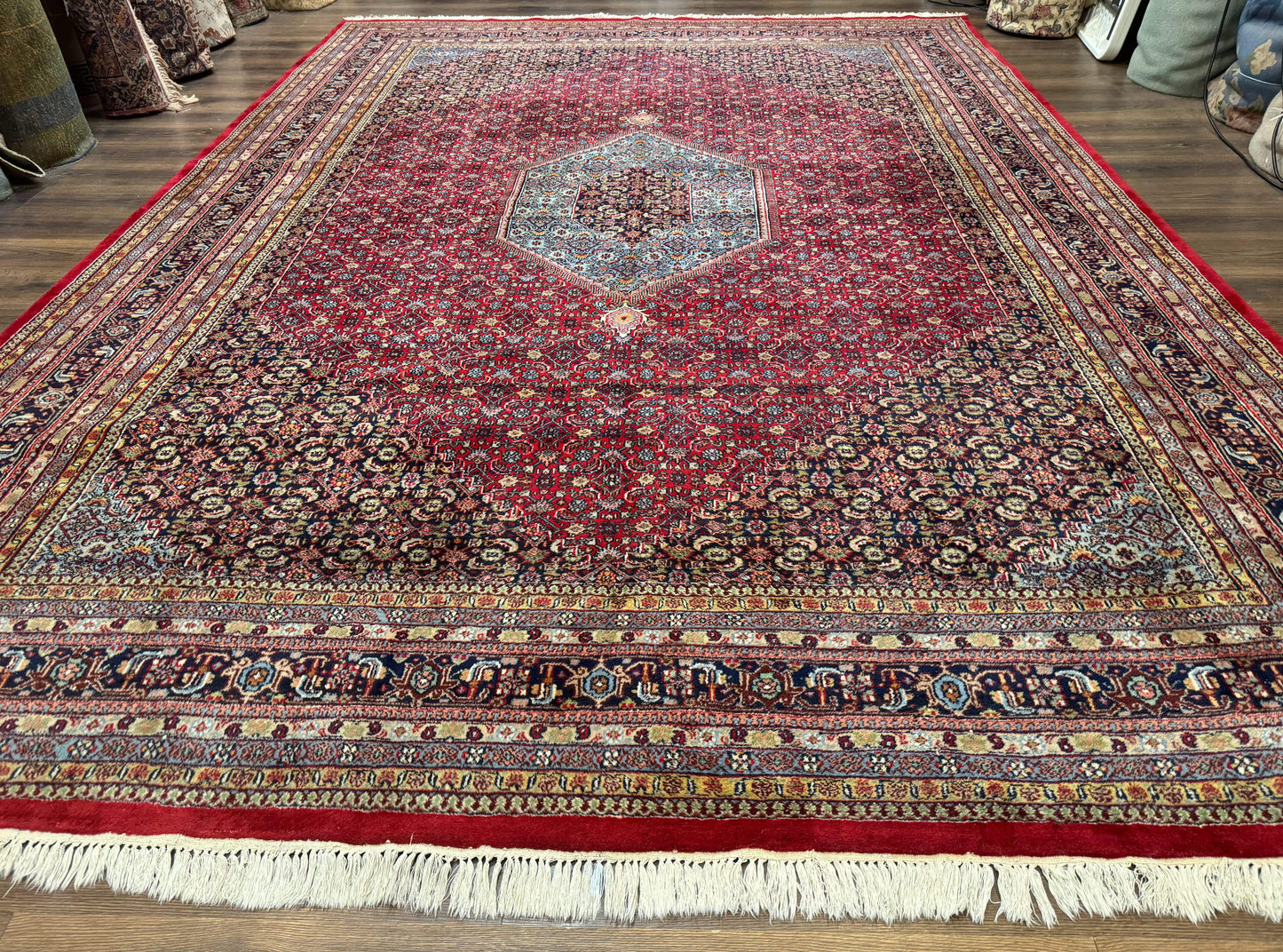 Indo Persian Bidjar Rug 10x14 Red And Dark Blue Herati Mahi Pattern Vintage