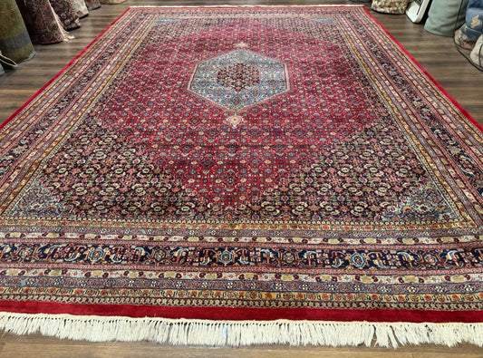 Indo Persian Bidjar Rug 10x14 Red And Dark Blue Herati Mahi Pattern Vintage