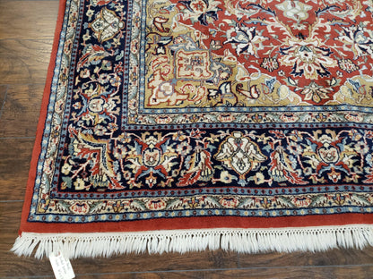 Vintage Indo Persian Oriental Rug 6 x 9.6, Wool Hand-Knotted Red Dark Blue & Gold Indian Carpet, 6 x 9 Office Room Rug, Floral Medallion