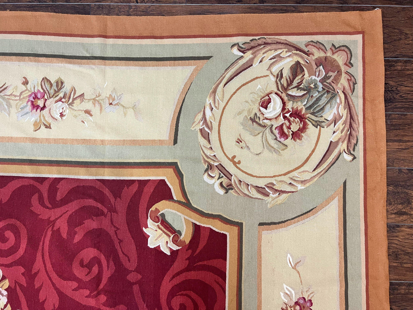 Large Aubusson Rug 10x14, Wool Handmade Vintage Carpet, Dark Red Ivory Tan, French European Elegant Aubusson Weave Rug