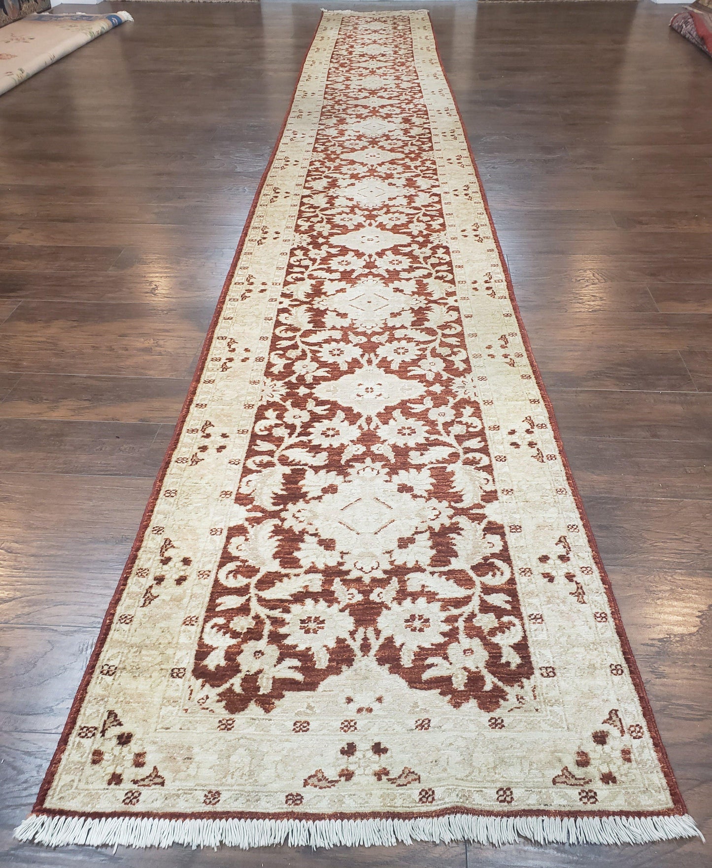21 ft Runner Rug Long Hallway Runner, 3 x 21 Corridor Rug, Peshawar Pak Persian Chobi Agra Rug, Maroon and Beige Large Flowers Wool Handmade