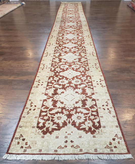 21 ft Runner Rug Long Hallway Runner, 3 x 21 Corridor Rug, Peshawar Pak Persian Chobi Agra Rug, Maroon and Beige Large Flowers Wool Handmade