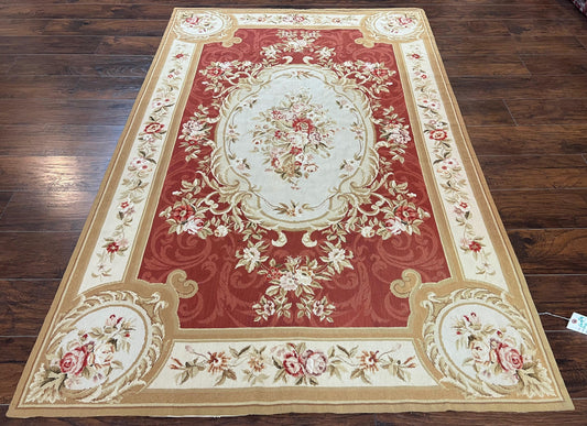 Aubusson Needlepoint Rug 5x8 Vintage Handmade Wool Carpet Red Ivory Tan French European