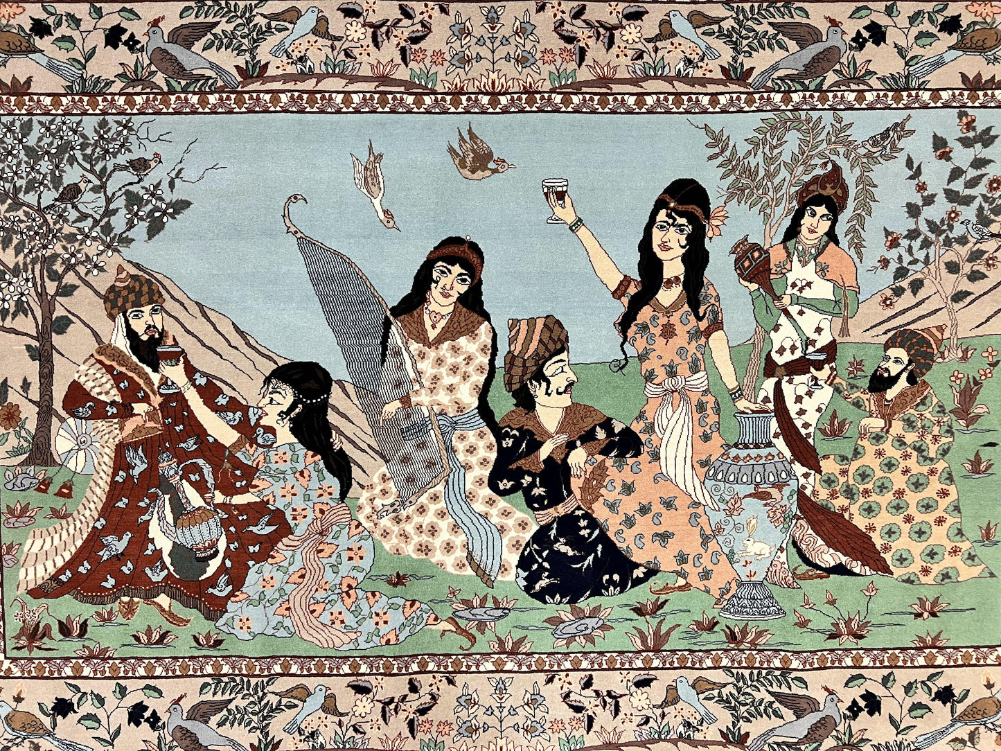 Indo Persian Pictorial Rug 4x7 Hand Knotted Wool Semi Antique Handmade Bird Pictorial Rug