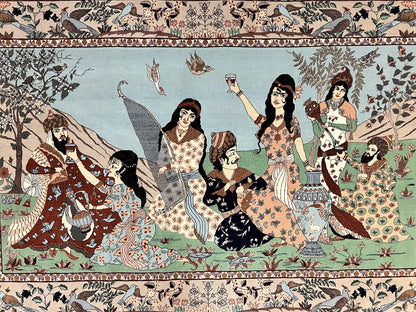 Indo Persian Pictorial Rug 4x7 Hand Knotted Wool Semi Antique Handmade Bird Pictorial Rug