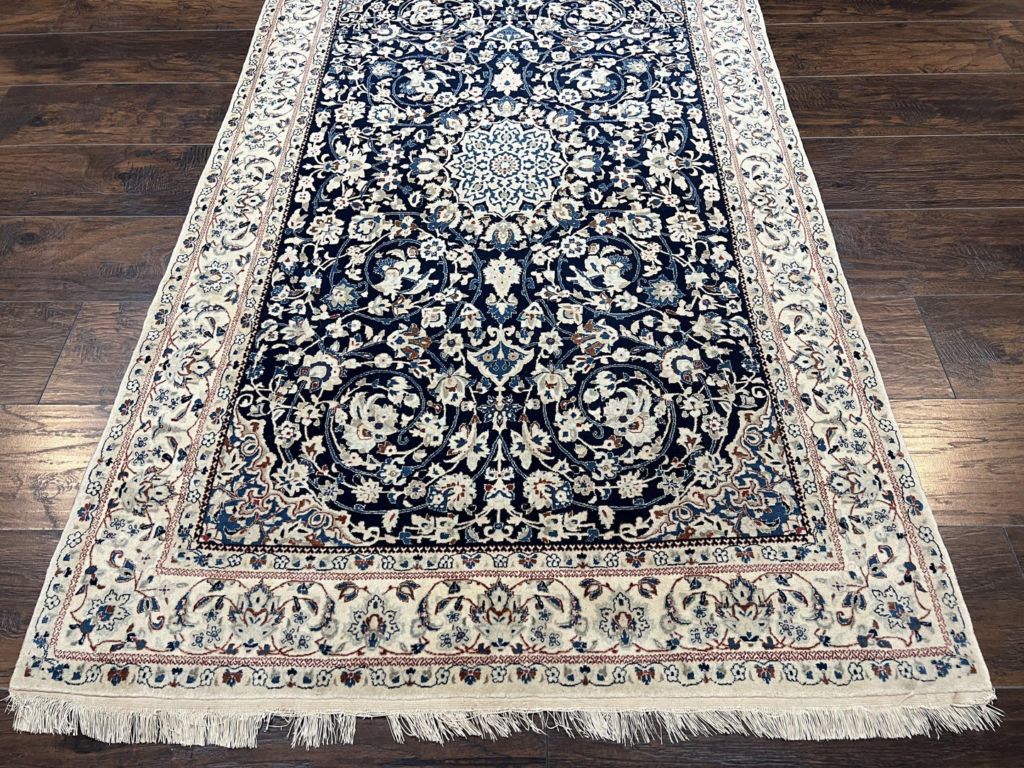 Persian Nain Rug Hand Knotted Wool and Silk Accents With Floral Medallion Navy Blue Ivory Cream