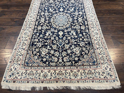 Persian Nain Rug Hand Knotted Wool and Silk Accents With Floral Medallion Navy Blue Ivory Cream