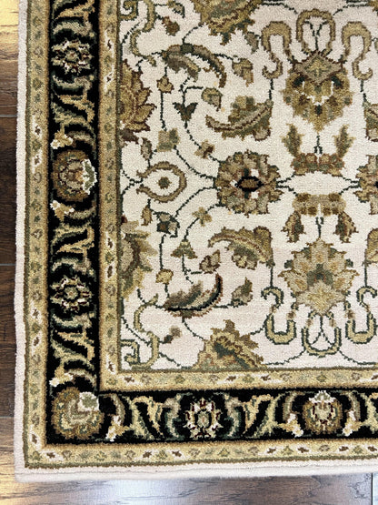 Small Indo Mahal Rug Hand Knotted Wool Vintage Oriental Carpet Beige Tan Black