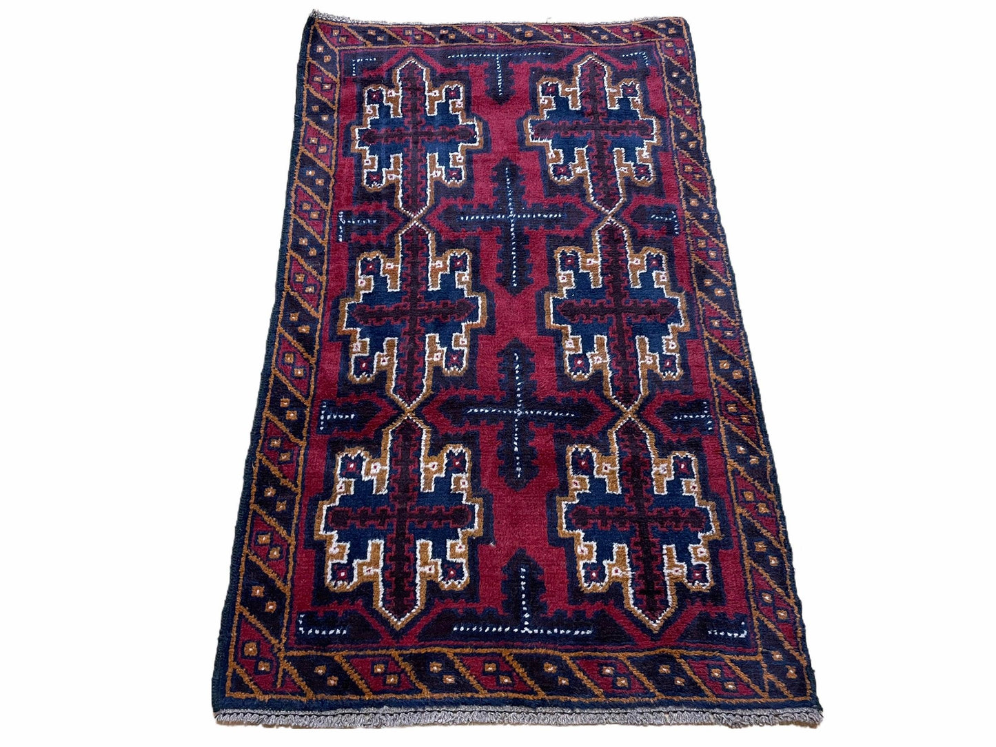 Balouchi Rug Vintage Handmade Tribal Wool Afghan Rug 2 Ft 7 In By 4 Ft 6 In Red Blue