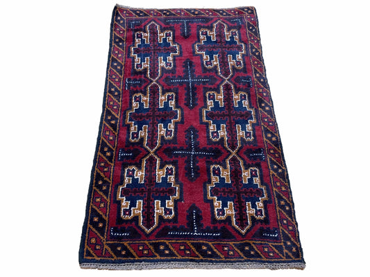 Balouchi Rug Vintage Handmade Tribal Wool Afghan Rug 2 Ft 7 In By 4 Ft 6 In Red Blue