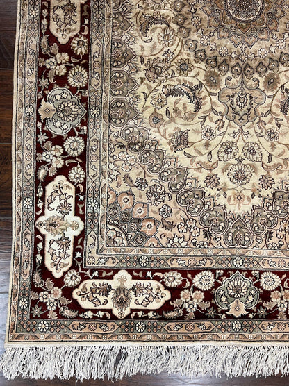 Silk Indian Kashmiri Rug 4x6 ft, Floral Medallion Hand Knotted Handmade Oriental Carpet, Vintage, Cream Burgundy, Very Fine Silk Rug 4 x 6