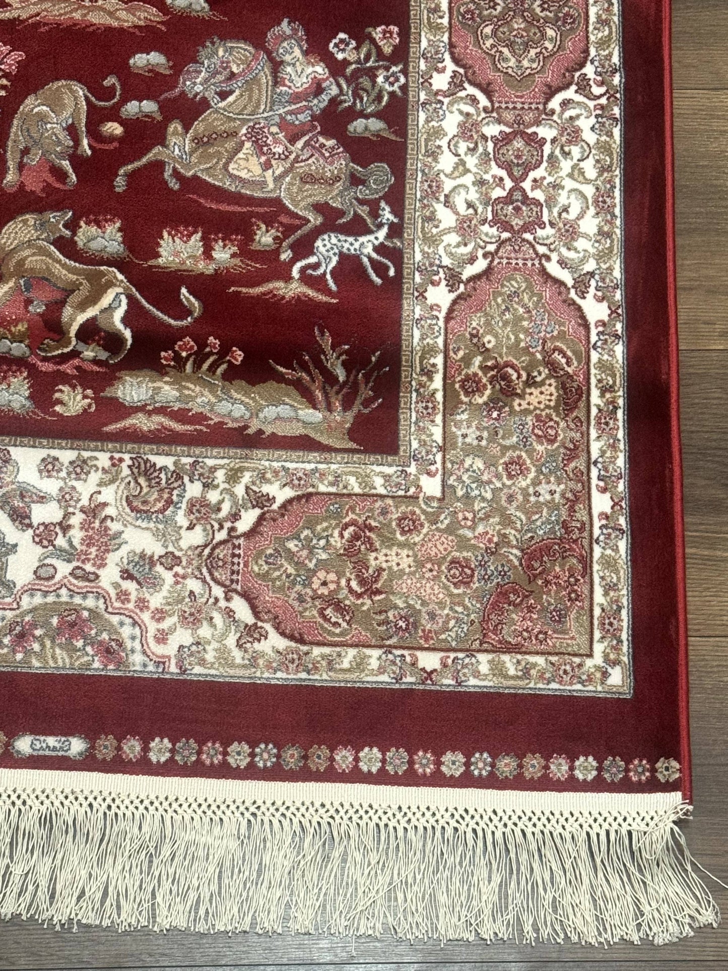 Turkish Silk Rug 2.6 x 6.7, Hunting Design, Short Runner Rug, Red & Ivory, Bamboo Silk, New
