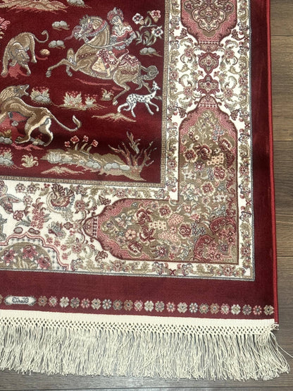Turkish Silk Rug 2.6 x 6.7, Hunting Design, Short Runner Rug, Red & Ivory, Bamboo Silk, New