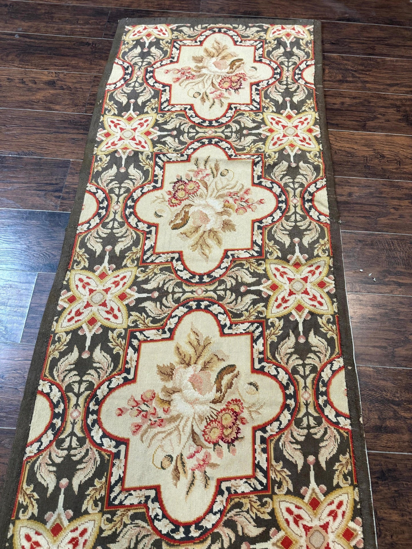 Needlepoint Runner Rug 2.7 x 9.7, European French Design, Wool, Handmade, Vintage