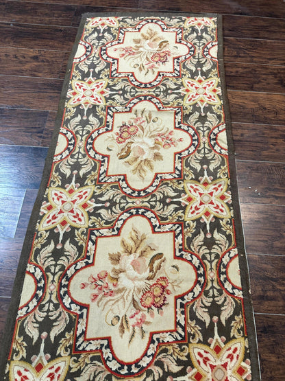 Needlepoint Runner Rug 2.7 x 9.7, European French Design, Wool, Handmade, Vintage