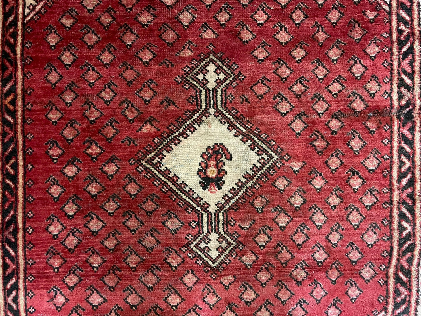 Antique Handmade Wool Rug Paisley Boteh Design Tribal Area Rug Red Ivory