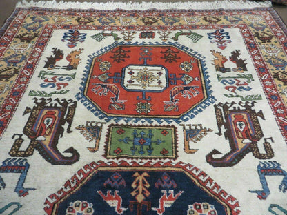 Turkish Knotted Wool Rug Vintage 7x10 Birds Animal Ivory Handmade Organic