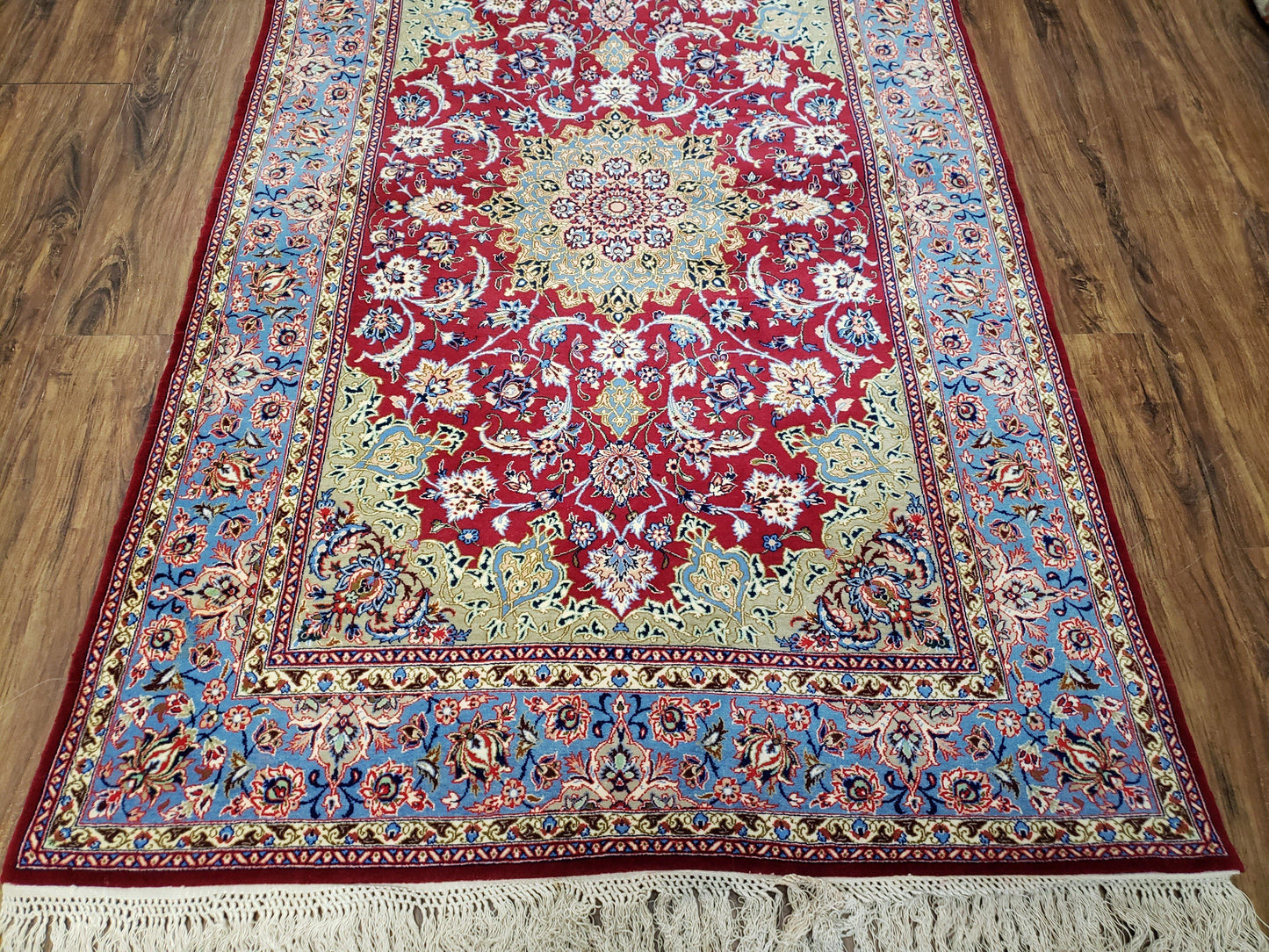 Semi Antique Persian Isfahan Rug, Kork Wool on Silk Foundation, Red & Blue, Top Quality, 3'6" x 5' 6"